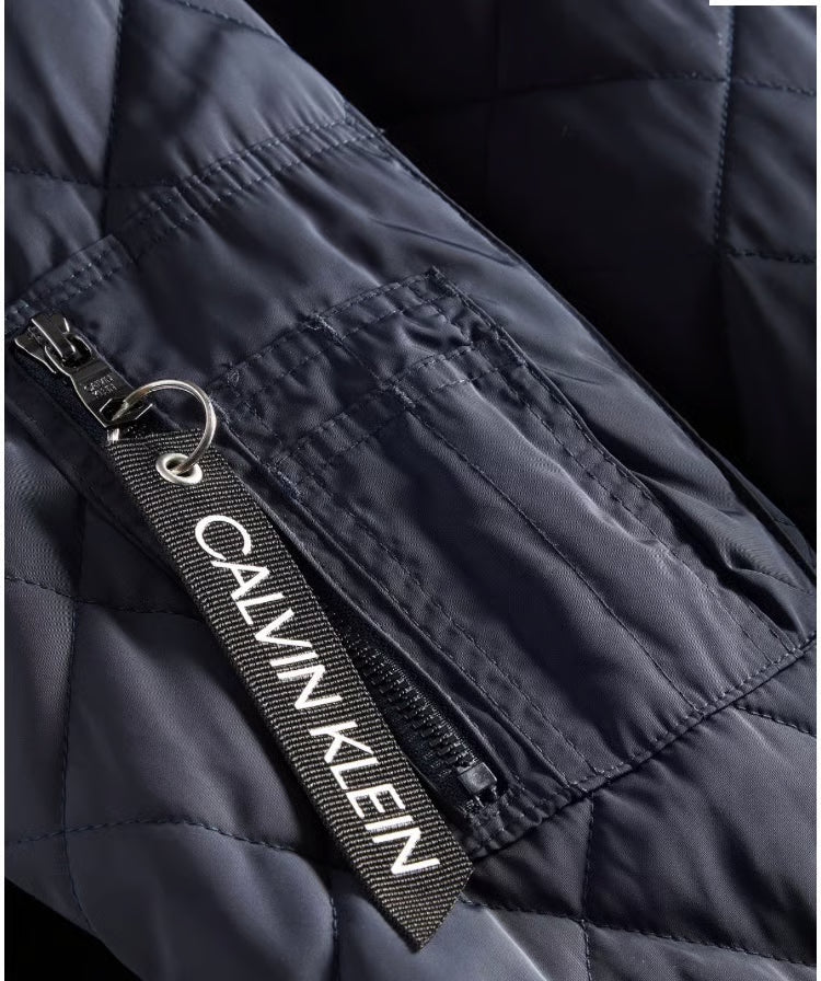 CALVIN KLEIN Men's Quilted Baseball Jacket Rib-Knit Trim Navy Blue