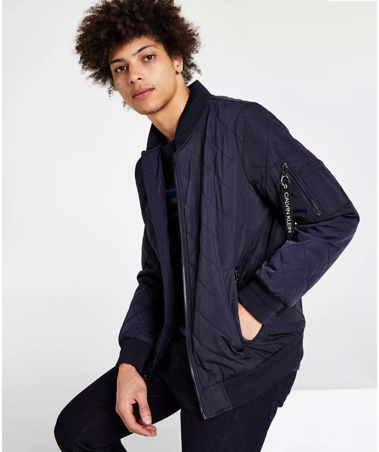 CALVIN KLEIN Men's Quilted Baseball Jacket Rib-Knit Trim Navy Blue