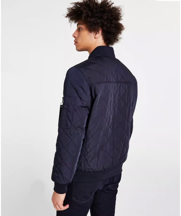 CALVIN KLEIN Men's Quilted Baseball Jacket Rib-Knit Trim Navy Blue