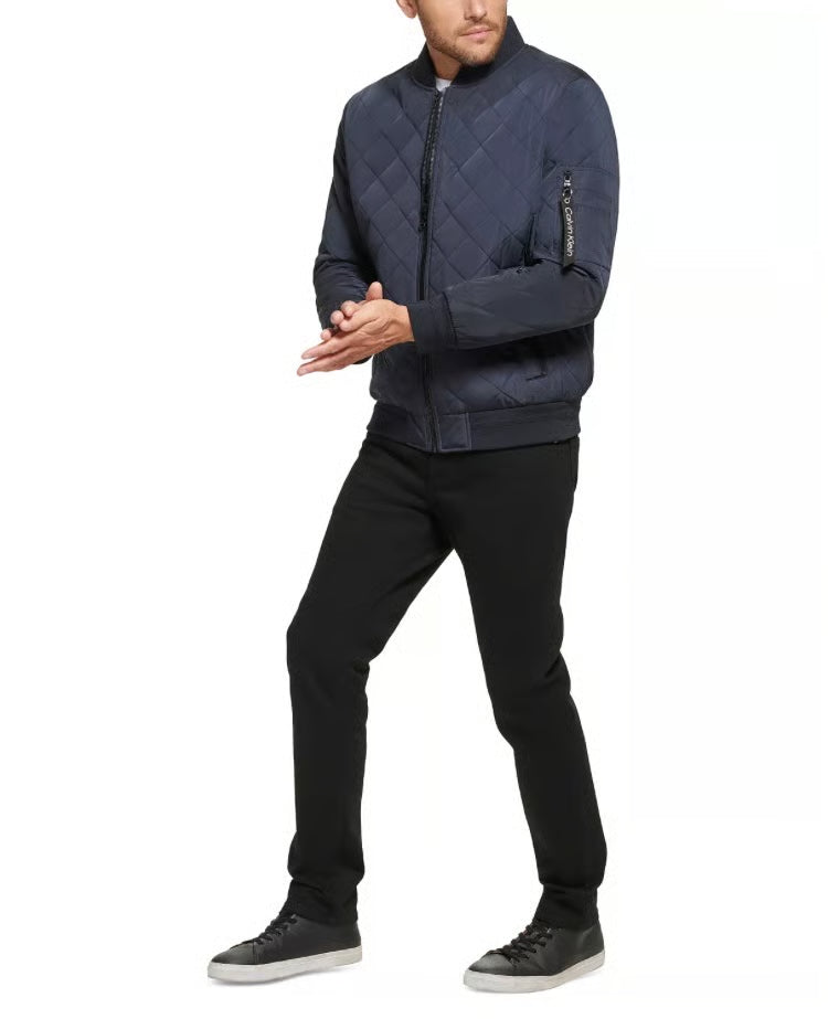 CALVIN KLEIN Men's Quilted Baseball Jacket Rib-Knit Trim Navy Blue