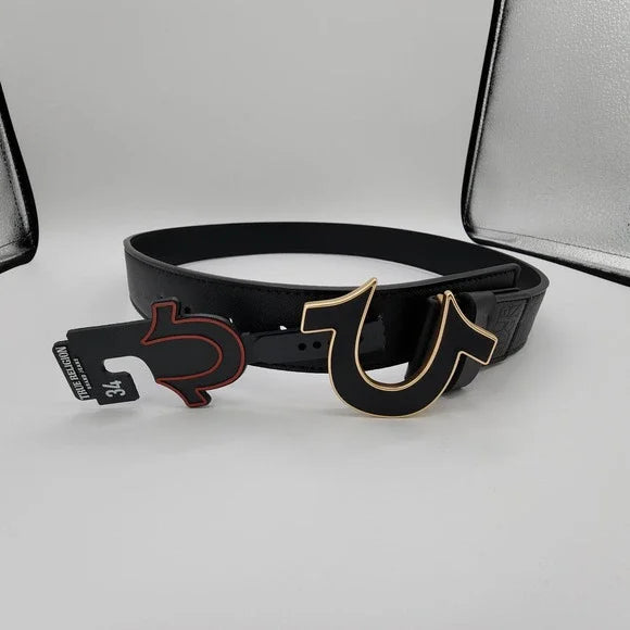 TRUE RELIGION  Men Belt  Enamel filled Horseshoe Black/Gold
