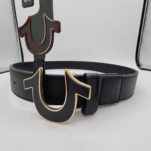 TRUE RELIGION  Men Belt  Enamel filled Horseshoe Black/Gold