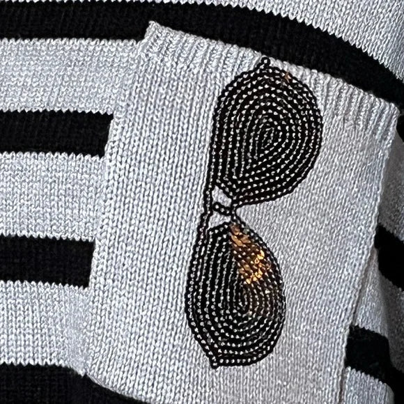 Karl Lagerfeld Paris Sweater Women Large Black Grey Stripe Pullover Sunglasses