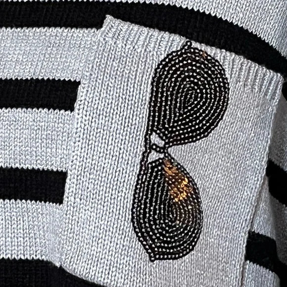 Karl Lagerfeld Paris Sweater Women Large Black Grey Stripe Pullover Sunglasses - HIPPO US Brands Karl Lagerfeld Paris