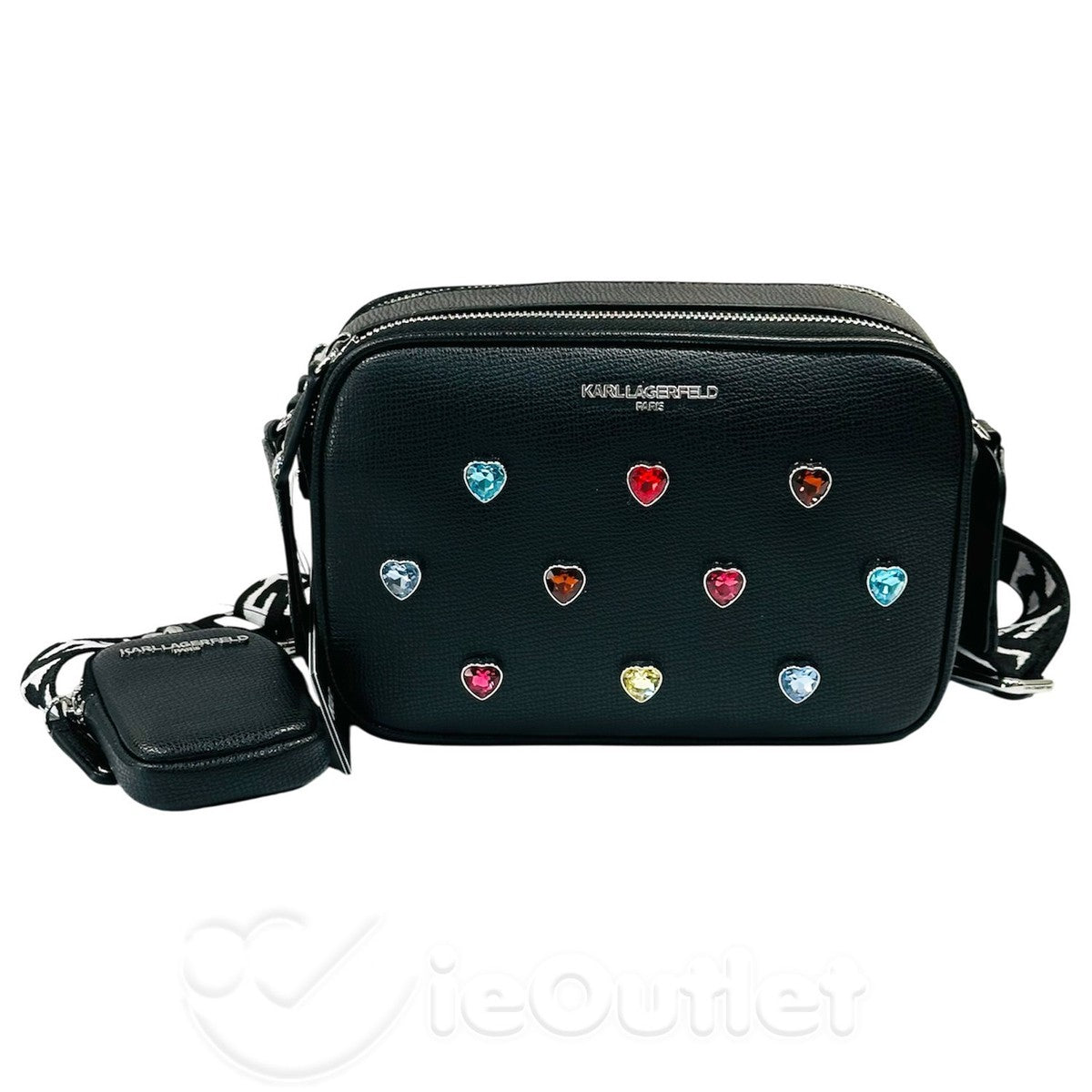 Karl Lagerfeld Leather Simone Studded Heart Crossbody Camera Purse Bag - HIPPO US Brands Karl Lagerfeld Paris