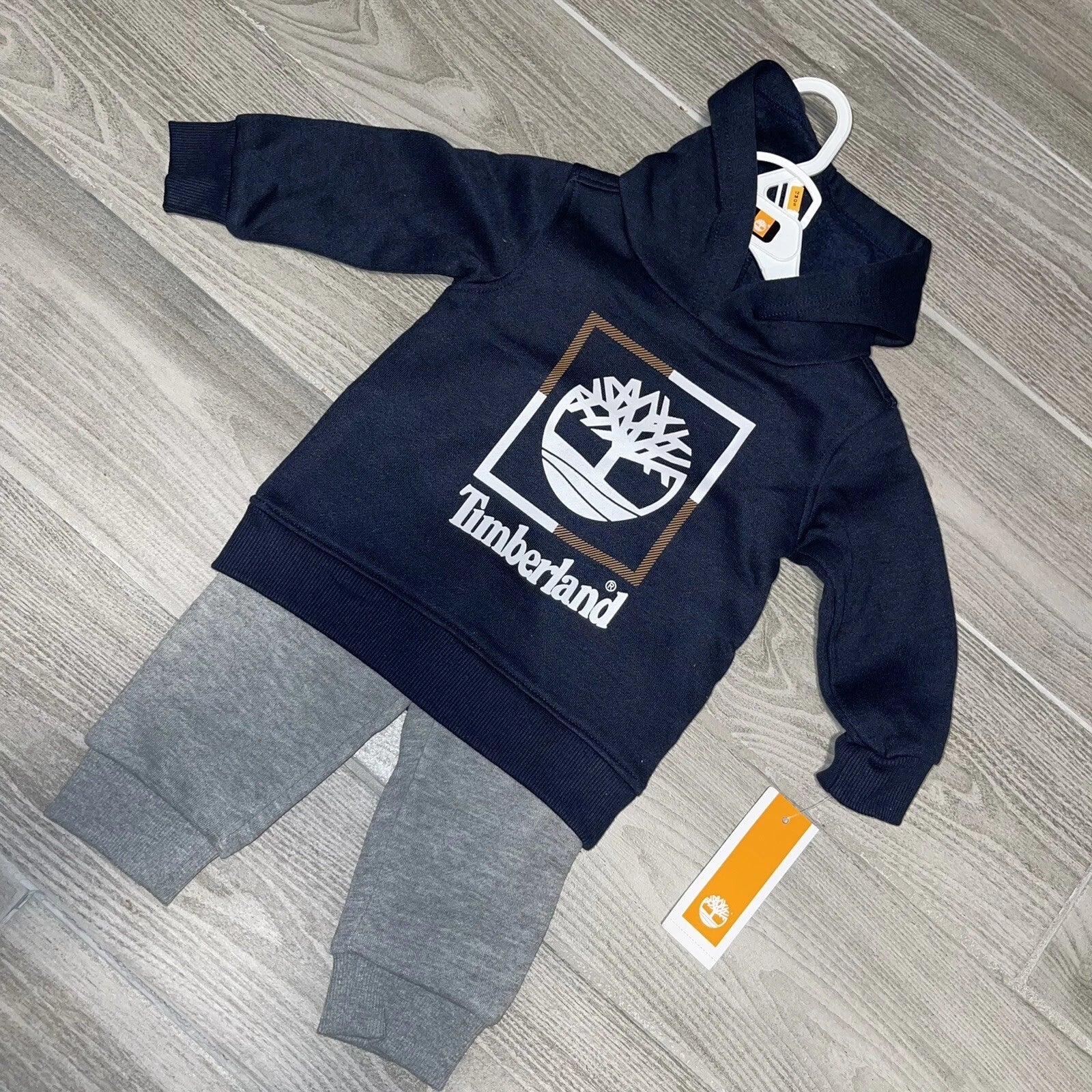 Timberland Little Boys 2 Piece Flocked Logo Fleece Hoodie and Heather Joggers Set