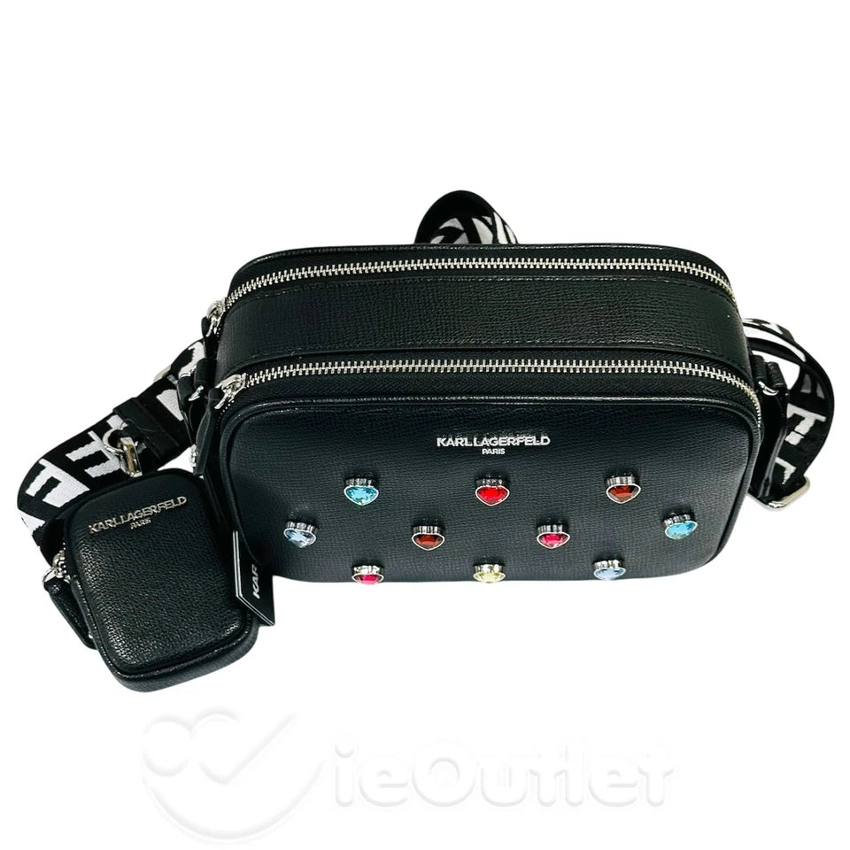 Karl Lagerfeld Leather Simone Studded Heart Crossbody Camera Purse Bag - HIPPO US Brands Karl Lagerfeld Paris