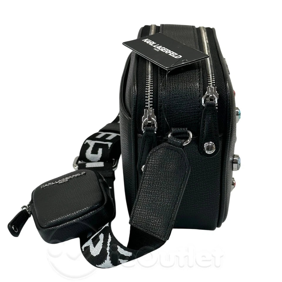 Karl Lagerfeld Leather Simone Studded Heart Crossbody Camera Purse Bag - HIPPO US Brands Karl Lagerfeld Paris