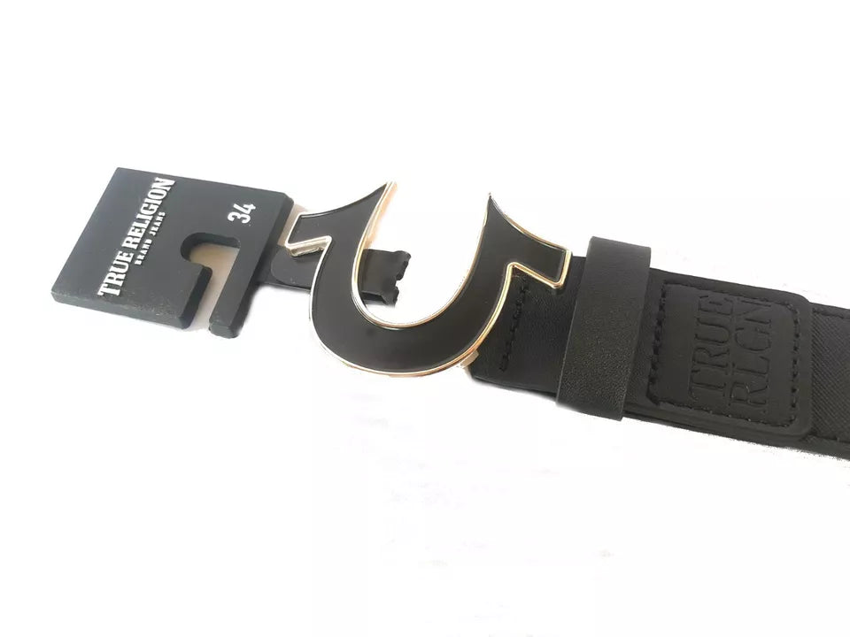 TRUE RELIGION  Men Belt  Enamel filled Horseshoe Black/Gold