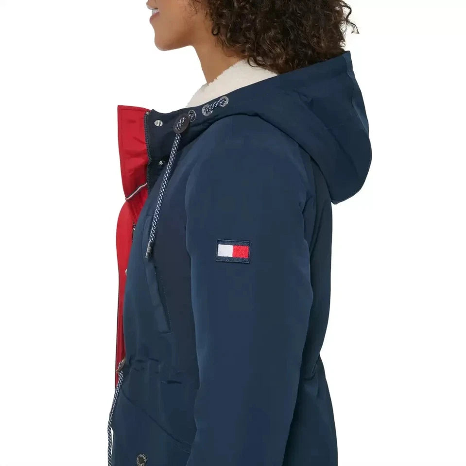 TOMMY HILFIGER Women's Sherpa Lined Hood Parka Jacket (US, Alpha, Medium, Regular, Regular, Juniper